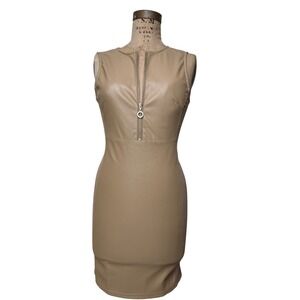 Ellen Tracy Tan Faux Leather ORing Zip Front Sheath Dress Small Tan Bodycon